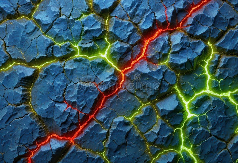 Dynamic and vibrant computer background featuring cracked surface with glowing lines stock illustration