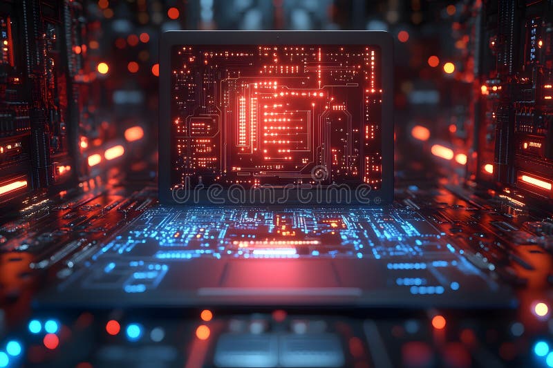 Futuristic Computer Circuit Board Interface - Digital Technology and Innovation Concept Generative AI. A dynamic visualization of a computer circuit board interface with glowing red and blue elements, evoking a sense of futuristic digital technology, innovation, and the complexity of modern computing systems. Generative AI