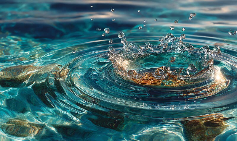 Dynamic Water Splash Crown Forming Ripples Over Submerged Rocks stock image