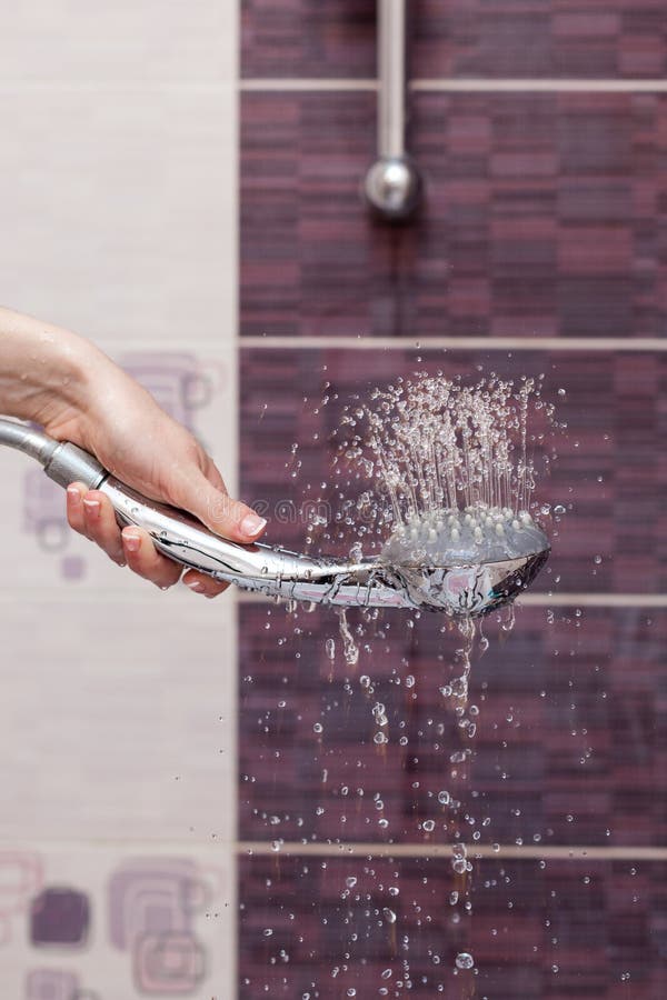 Dynamic Water Streams Flow Out of Working Shower Head Right Down Stock