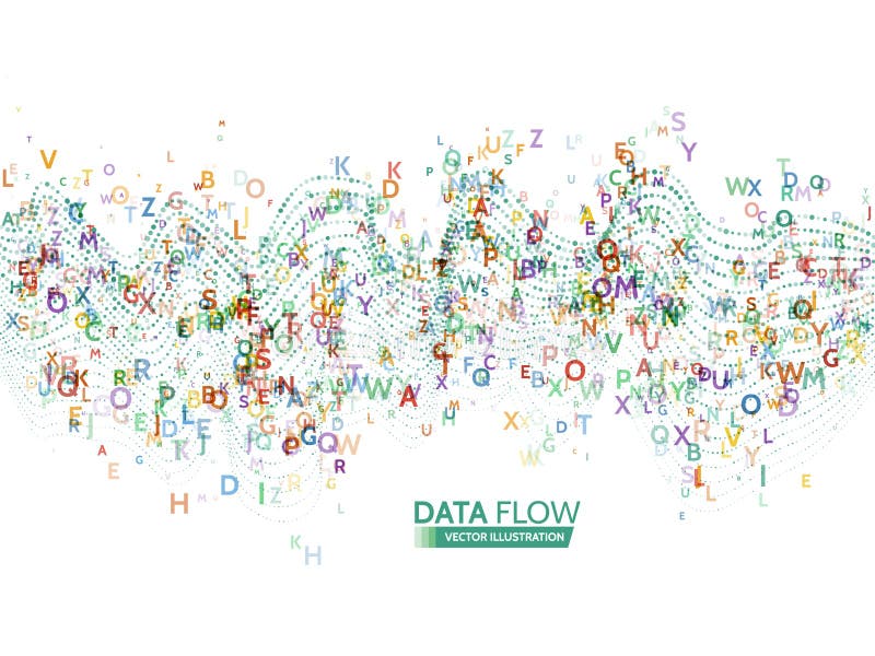 Dynamic waves technology concept. Abstract data flow background with letters code. royalty free illustration