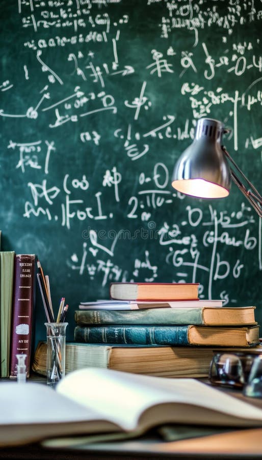 Dynamic workspace scene a lively desk overflowing with books and equations on a chalkboard royalty free illustration