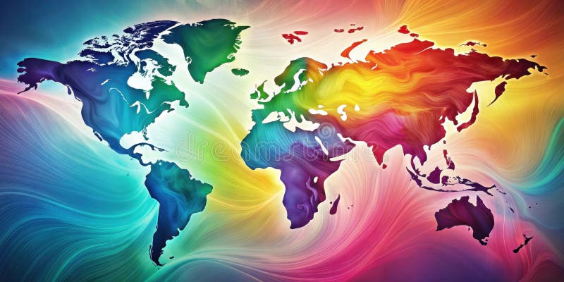 Dynamiczna mapa świata abstrakcyjna z wirującymi tęczowymi hues. Generacyjna AI royalty ilustracja