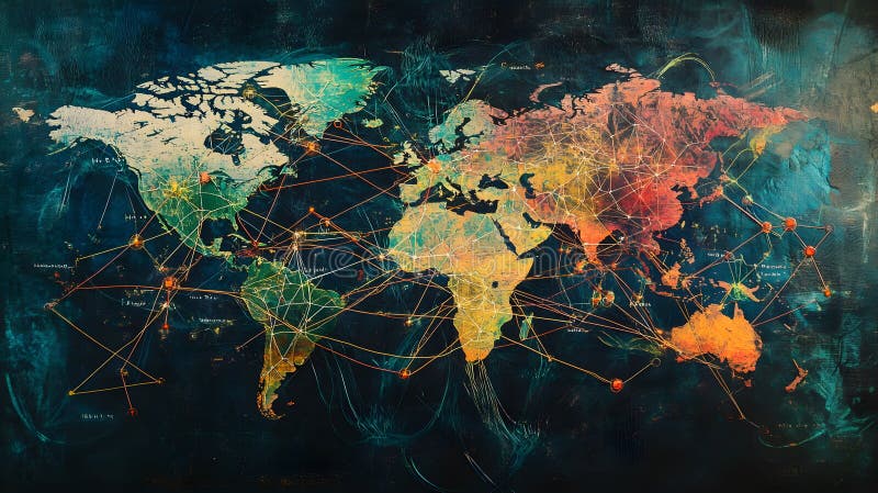 Dynamiczna mapa świata przedstawiająca globalne połączenia poprzez kolorowe linie i skomplikowane szczegóły ukazujące różnorodność ilustracji