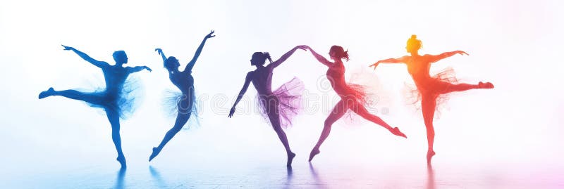 Dynamiczne sylwetki tancerzy w żywych kolorach wykonujących stylowe ruchy na czystym tle. Generacyjna AI fotografia royalty free