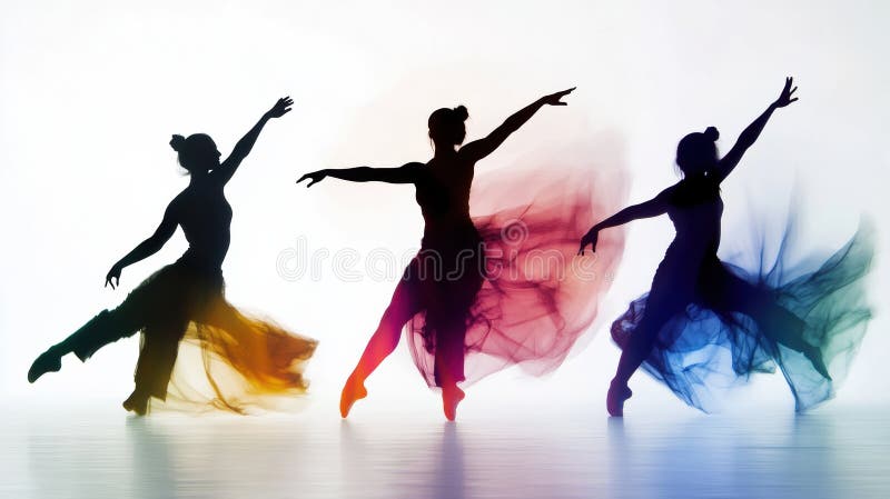Dynamiczne tancerki w żywych sylwetkach wykonujące ruchy ekspresyjne na czystym białym tle. Generacyjna AI obraz royalty free