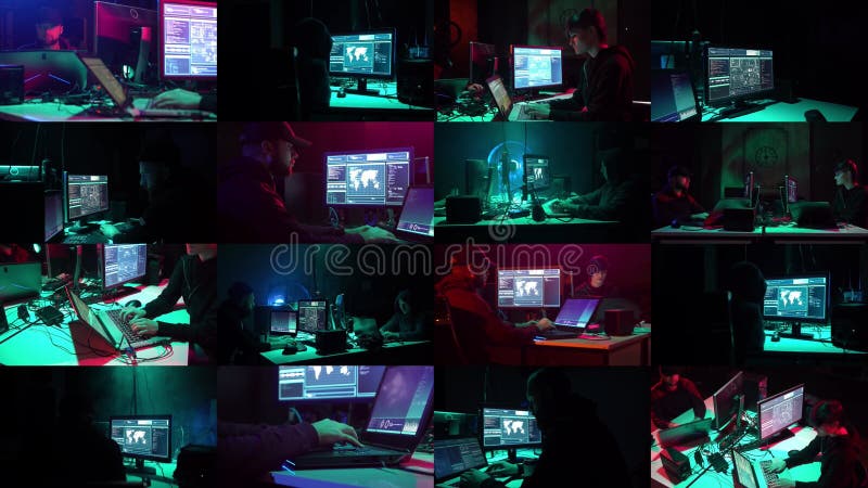 Dynamiczny dur hakerów w ciemnym pokoju : eksperci ds. cyberbezpieczeństwa. kolaż. zbiory wideo