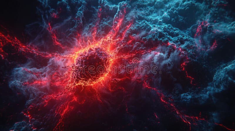 Dynamische kosmische Explosion mit feuriger roter und blauer Energie im Weltraum. hmpv human metapneumovirus stockbilder