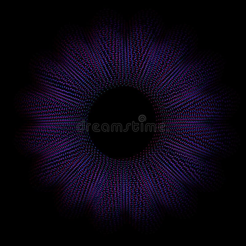 Dynamic shape particles blue and purple color on black background, Trendy abstract geometric round frame ring. Dynamic shape particles blue and purple color on black background, Trendy abstract geometric round frame ring
