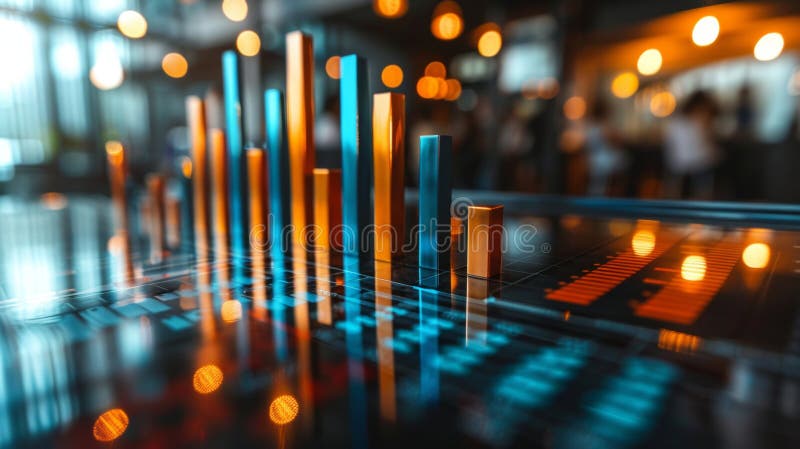 3d illustration of a dynamic bar graph comparing profitability with a blurred background of a corporate setting AI generated. 3d illustration of a dynamic bar graph comparing profitability with a blurred background of a corporate setting AI generated