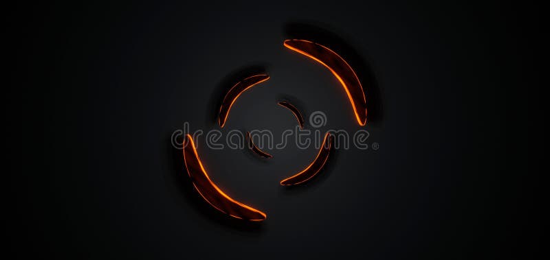 Dynamisk 3d abstrakt teckning med glödande orange metallreflektioner och symmetriska ljuseffekter på mörk bakgrund stock illustrationer