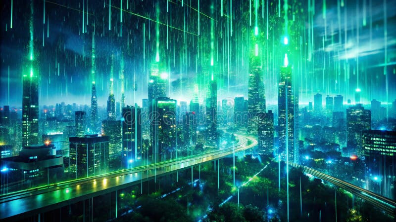 Dynamisk dubbelexponering En futuristisk stadsbild badad i abstrakt grönt digitalt regn som fångar konvergensen av Urban vektor illustrationer