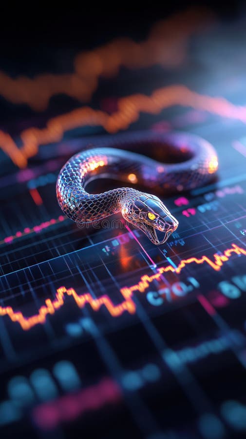 Dynamisk holografisk orm på finansiella diagram som symboliserar marknadstrender under året för orm stock illustrationer