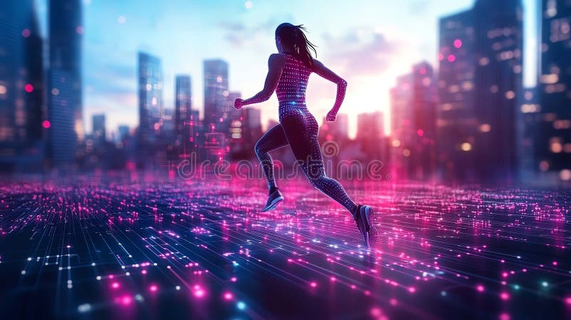 Dynamisk löpare i futuristiskt cityscape som belyses med klara färger vektor illustrationer