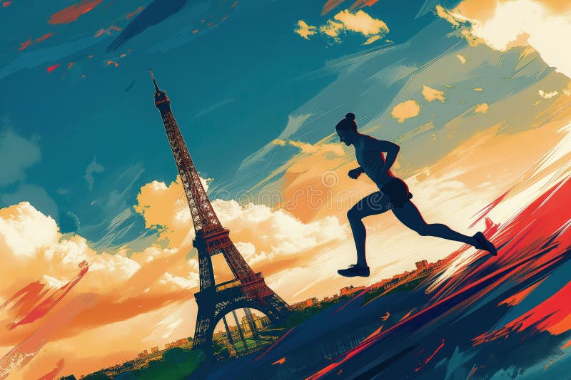 Dynamisk löpare i rörelse mot bakgrunden av eiffel-tornhölje. vibrerande färger vid kraftig rörelse, atletisk bestämning. abstrakt stock illustrationer