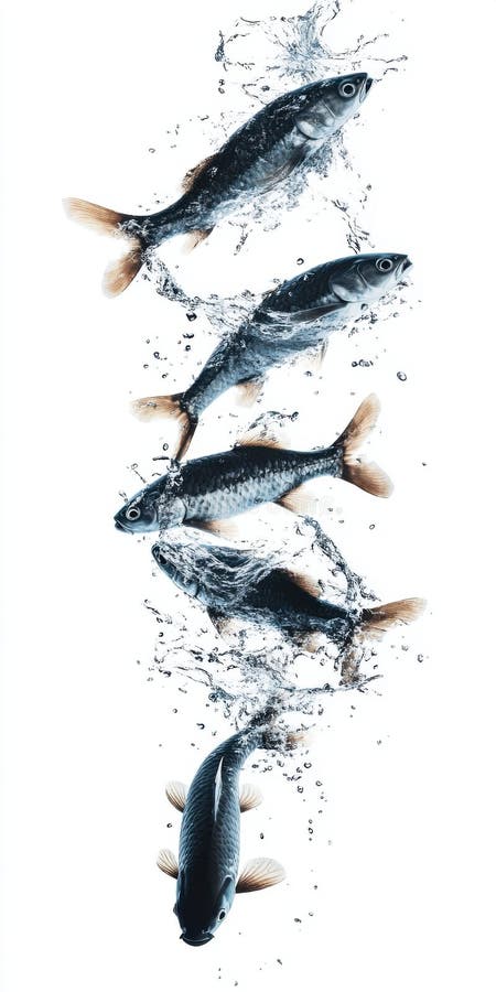 Dynamisk scen för fem flytande tropiska fiskar i minimalistisk stil vektor illustrationer