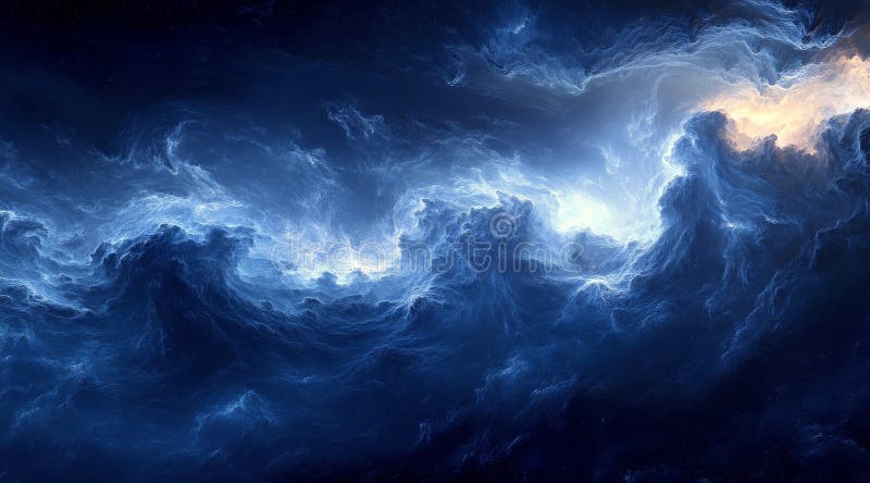 Dynamiska blå molnformationer i en enorm kosmisk utrymmesinställning. Vibrerande blå texturer snurrar och blandas så att en mesmerierande bildskärm som påminner om kosmiska moln bildas. scenen väcker känslor av djup och mystik som visar en häpnadsväckande känslostämning. Genererad generativ ai-ai