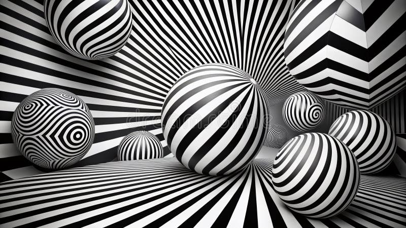 Dynamiska monokroma geometriska abstrakta former med intricate Stripe-mönster A Surreal Visual Exploration of Form och vektor illustrationer