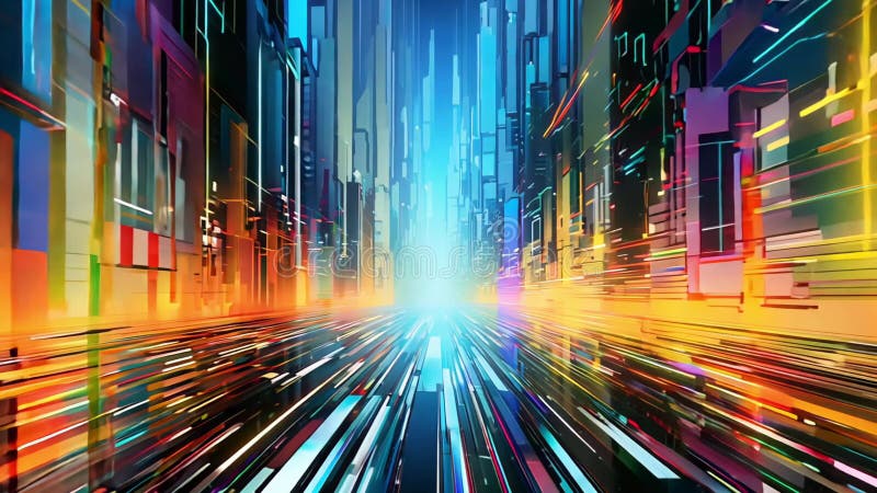Dynamiskt nervslam med futuristiska ljusspår och pulserande geometriska mönster stock illustrationer