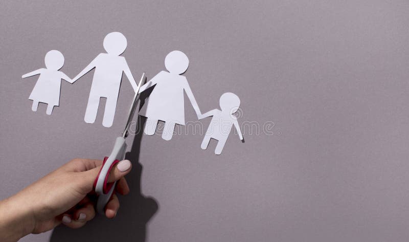 Dysfunctional family, divorce parent broken home concept. Paper cut out figures of broken family with children on gray, panorama. Dysfunctional family, divorce parent broken home concept. Paper cut out figures of broken family with children on gray, panorama