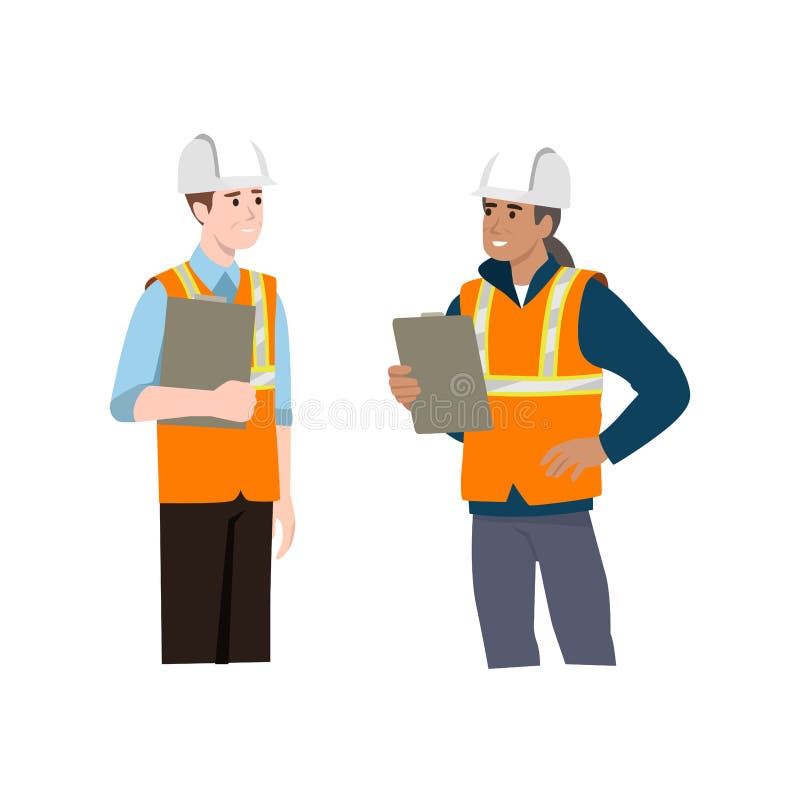 Construction worker discussion with manager. Communication. People conversation. Flat vector illustration isolated on white background. Construction worker discussion with manager. Communication. People conversation. Flat vector illustration isolated on white background