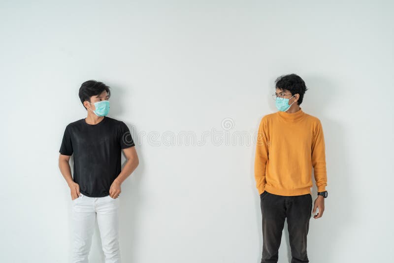 Social distancing. people with masks keep their distance during virus symptoms. Social distancing. people with masks keep their distance during virus symptoms