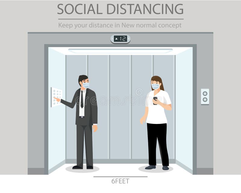 Dystans społeczny. trzymaj dystans w nowym, normalnym pomyśle ludzie mężczyźni i kobiety noszący medyczną twarz używają windy.