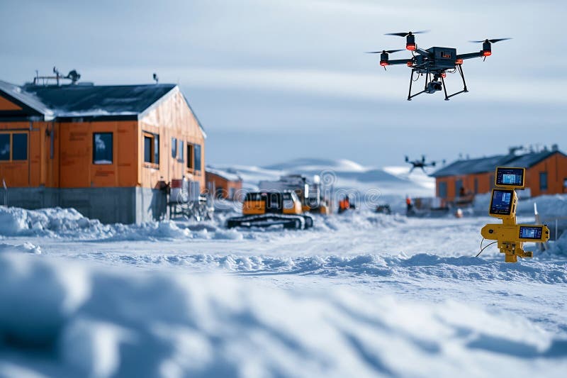 Dystopijski nadzór dronów monitoruje niebezpieczną strefę budowy lodowej tundry ilustracji