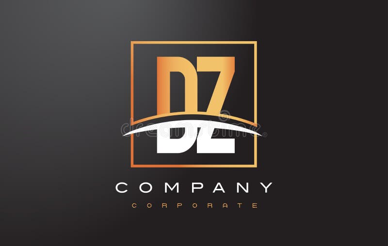 DZ D Z Golden Letter Logo Design with Gold Square and Swoosh.