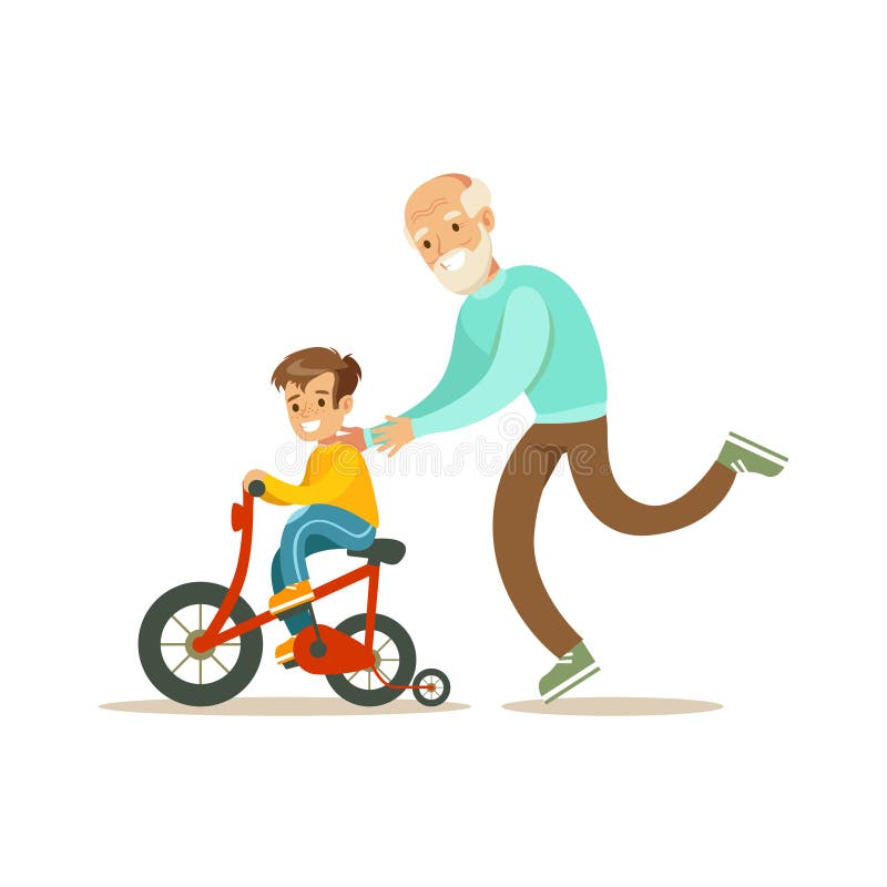 Dziadek bieg Za wnuka bicyklem, Szczęśliwa rodzina Ma Dobrą czas ilustrację Wpólnie ilustracji Dziadek bieg Za wnuka bicyklem, Szczęśliwa rodzina Ma Dobrą czas ilustrację Wpólnie ilustracji
