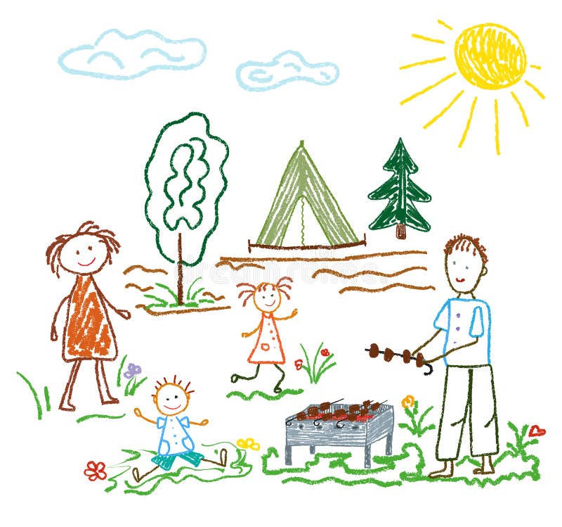 Dzieci s ołówkowy rysunek na temacie lato, przyjaźń, rodzina, camping, odtwarzanie, grille royalty ilustracja Dzieci s ołówkowy rysunek na temacie lato, przyjaźń, rodzina, camping, odtwarzanie, grille royalty ilustracja