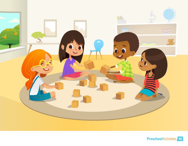 Dzieci siedzą w okręgu na round dywanie w dzieciniec sala lekcyjnej, sztuce z drewnianymi zabawka blokami i śmiechu, uczenie