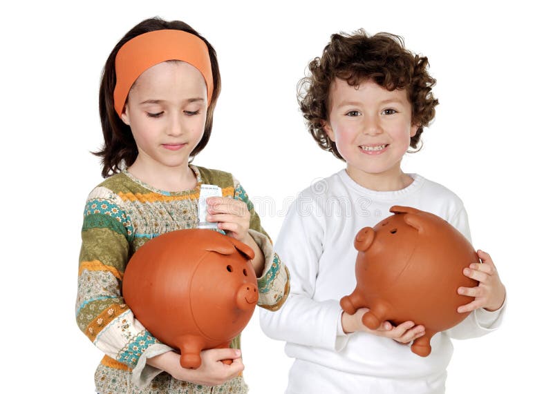 dzieci szczęśliwi moneybox oszczędzania dwa obraz stock dzieci szczęśliwi moneybox oszczędzania dwa obraz stock