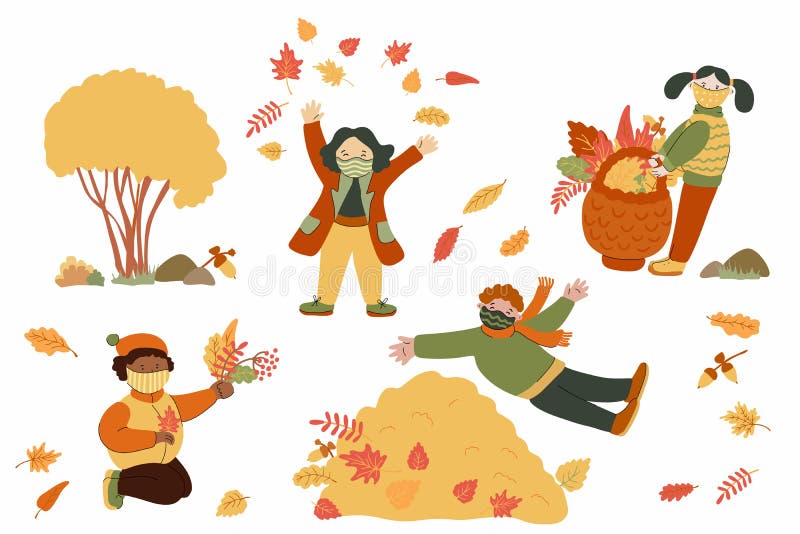 Children playing with autumn leaves  in the park. They are wearing protective face masks. Fun and happiness outdoors. Vector illustration isolated on white background. Pandemic and flu time concept. Children playing with autumn leaves  in the park. They are wearing protective face masks. Fun and happiness outdoors. Vector illustration isolated on white background. Pandemic and flu time concept