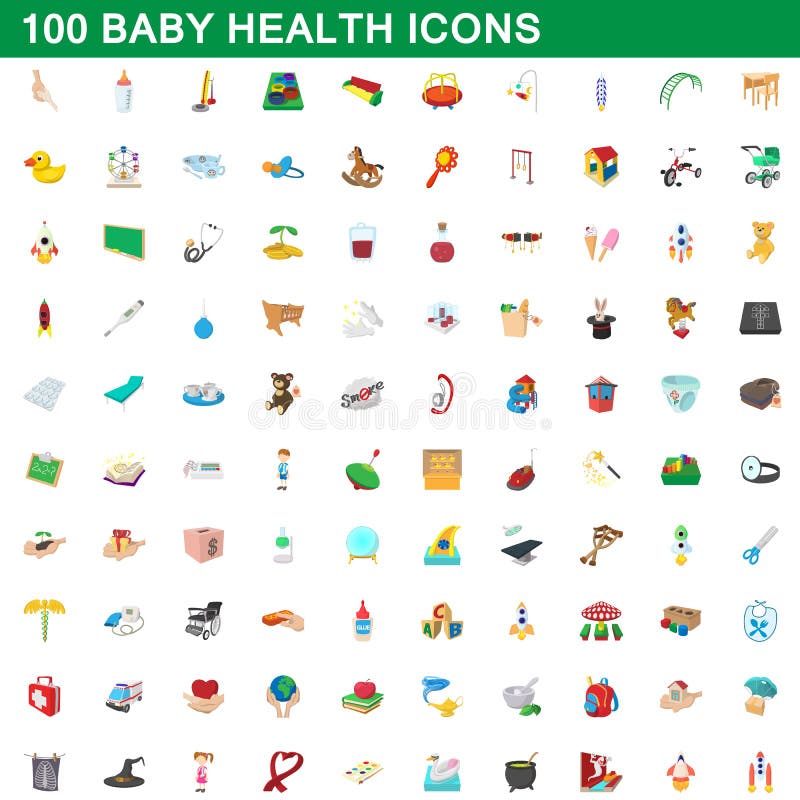 100 dzieci zdrowie ikon ustawiających, kreskówka styl ilustracji 100 dzieci zdrowie ikon ustawiających, kreskówka styl ilustracji