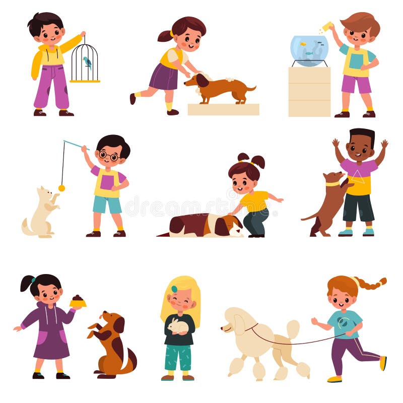 Dzieci ze zwierzętami domowymi. dzieci ze zwierzętami domowymi, zwierzętami domowymi, małymi właścicielami, kotami i psami oraz od ilustracja wektor