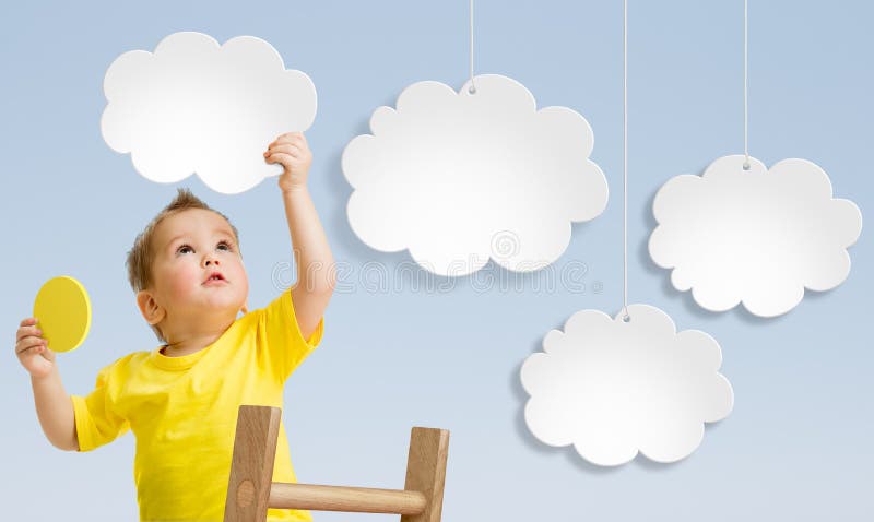 Kid with ladder attaching clouds to sky. Kid with ladder attaching clouds to sky