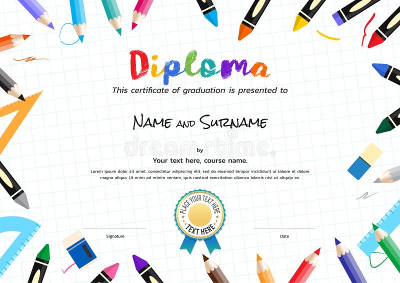Kids Diploma or certificate template with painting stuff border for preschool or school graduation. Kids Diploma or certificate template with painting stuff border for preschool or school graduation