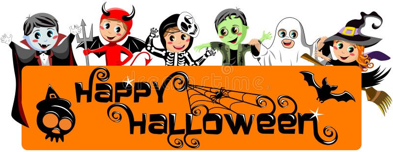 Dzieciaka Kostiumowy Szczęśliwy Halloweenowy sztandar ilustracja wektor Dzieciaka Kostiumowy Szczęśliwy Halloweenowy sztandar ilustracja wektor