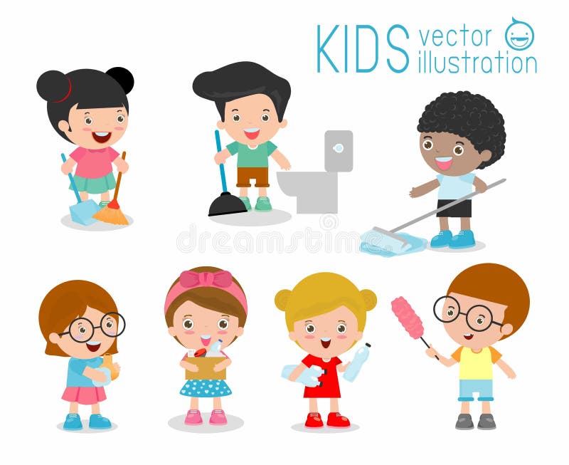Dzieciaki robi cleaning, dzieciaki myje dom i czyści, dziecko członkowie robi różnym obowiązek domowy ilustracyjnym royalty ilustracja Dzieciaki robi cleaning, dzieciaki myje dom i czyści, dziecko członkowie robi różnym obowiązek domowy ilustracyjnym royalty ilustracja