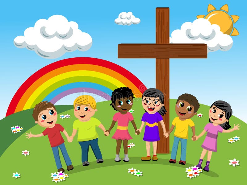Dzieciaki ręka w rękę lub dzieci blisko chrześcijanina krzyża łąki ilustracja wektor Dzieciaki ręka w rękę lub dzieci blisko chrześcijanina krzyża łąki ilustracja wektor