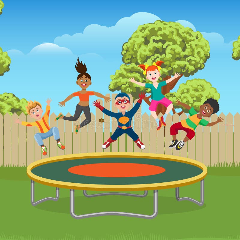 Dzieciaki skacze na trampoline w ogródzie