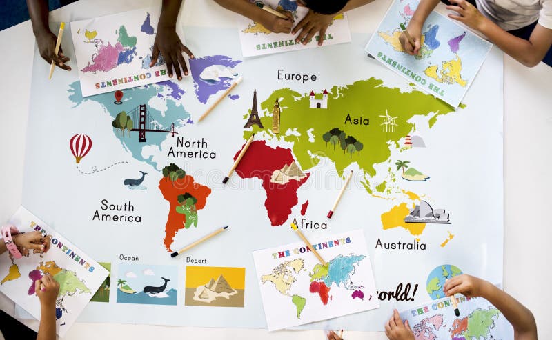 Dzieciaki Uczy się Światową mapę z kontynentów krajów oceanem Geograph
