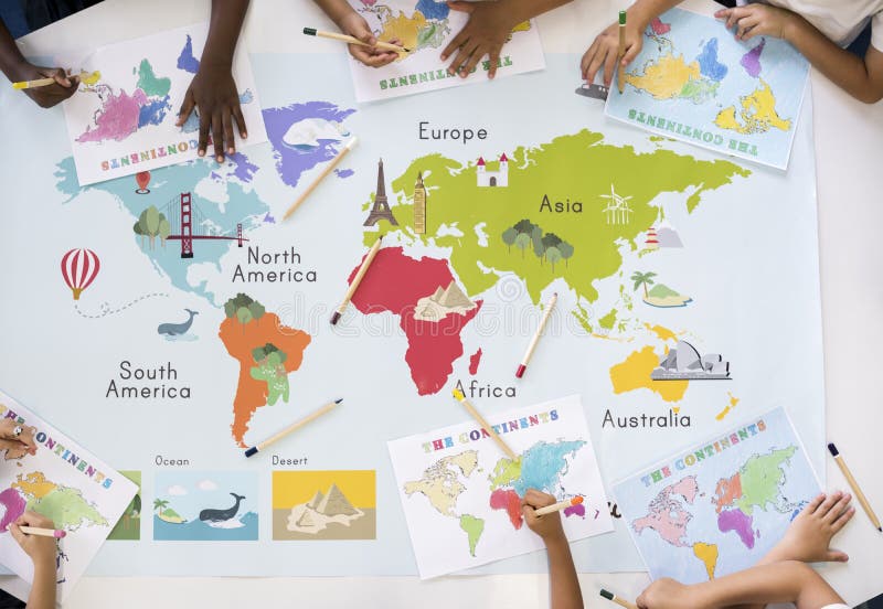 Dzieciaki Uczy się Światową mapę z kontynentów krajów oceanem Geograph