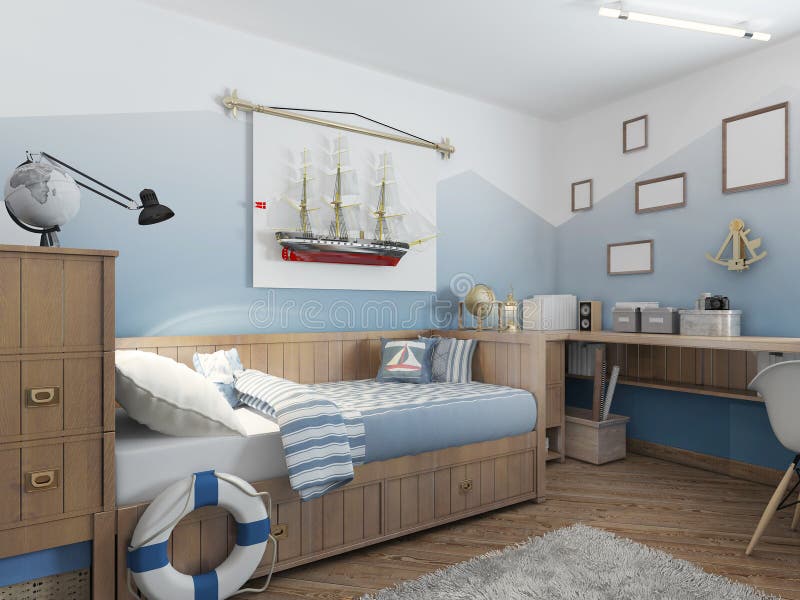 Baby bed for a young teenager in a ship style with a lifeline and nautical décor. Modern interior of a child's room in a nautical theme. 3D render. Baby bed for a young teenager in a ship style with a lifeline and nautical décor. Modern interior of a child's room in a nautical theme. 3D render.