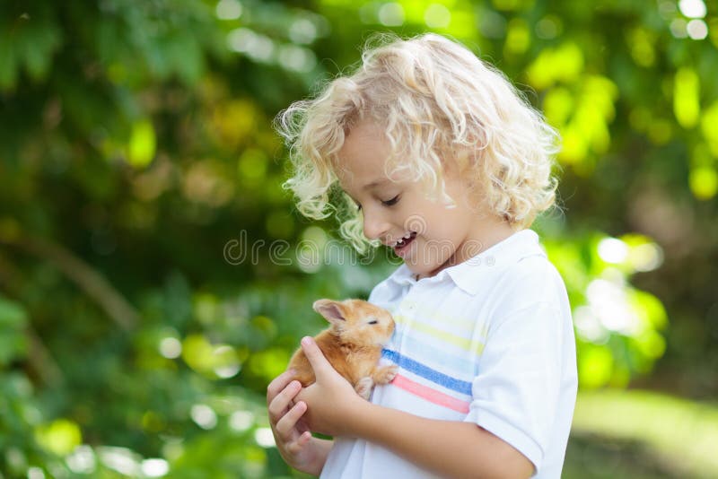 Dziecko bawić się z białym królikiem Chłopiec karmi białego królika i migdali Wielkanocny świętowanie Jajeczny polowanie z dzieci