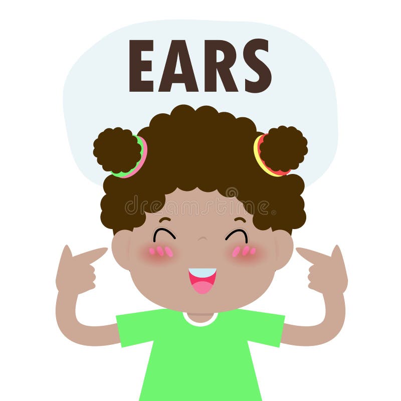Dziecko dziewczyna wskazująca i mówiąca 'uszy' jako część Naming Body lub Face Parts Series dla dzieci wyizolowana ilustracja wek