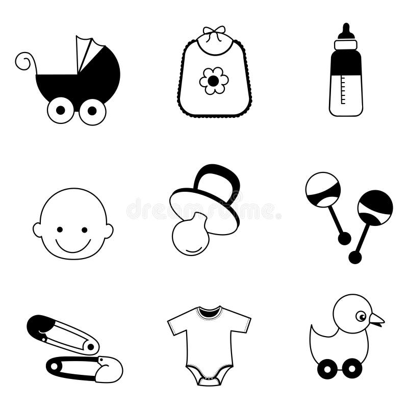 Baby icon collection including bib, carriage, safety pins, pacifier, feeding bottle, duck isolated on white background. vector available. Baby icon collection including bib, carriage, safety pins, pacifier, feeding bottle, duck isolated on white background. vector available