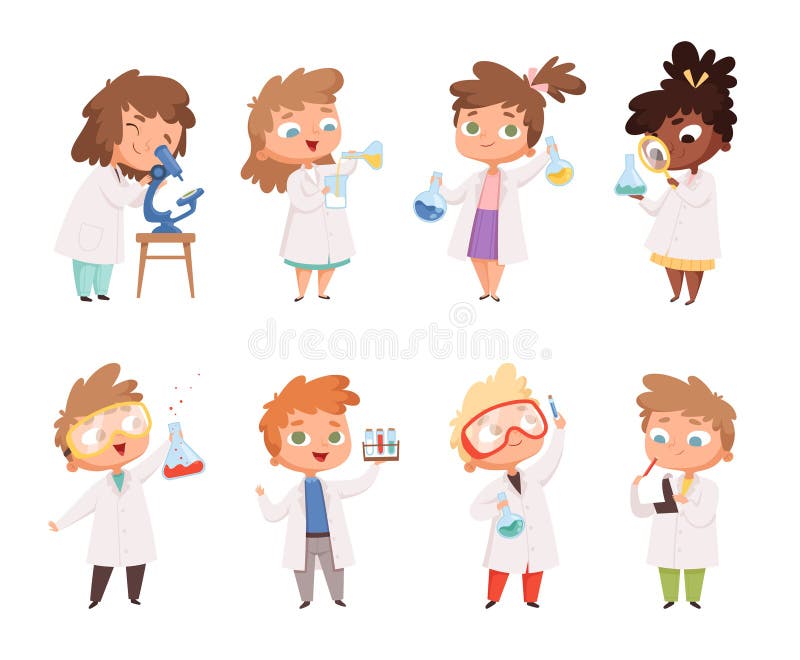Dziecko nauki Dzieci w laboratorium chemicznym chłopcy i dziewczynki wektorzy zabawni ludzie