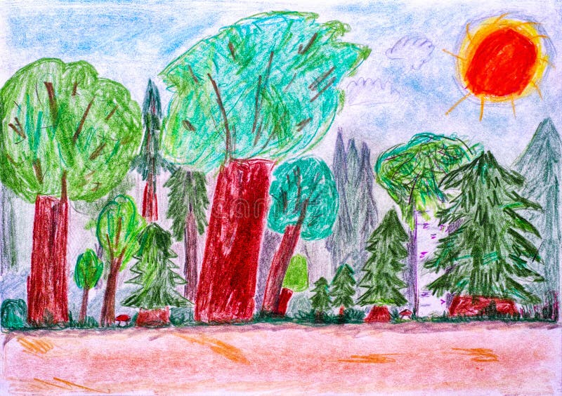 Dziecko Ołówkowy Rysunek Las Ilustracji Ilustracja